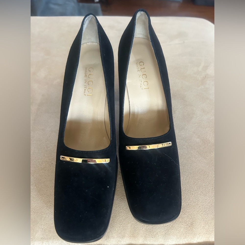 Gucci New Black Suede Classic Heeled Loafers 6
